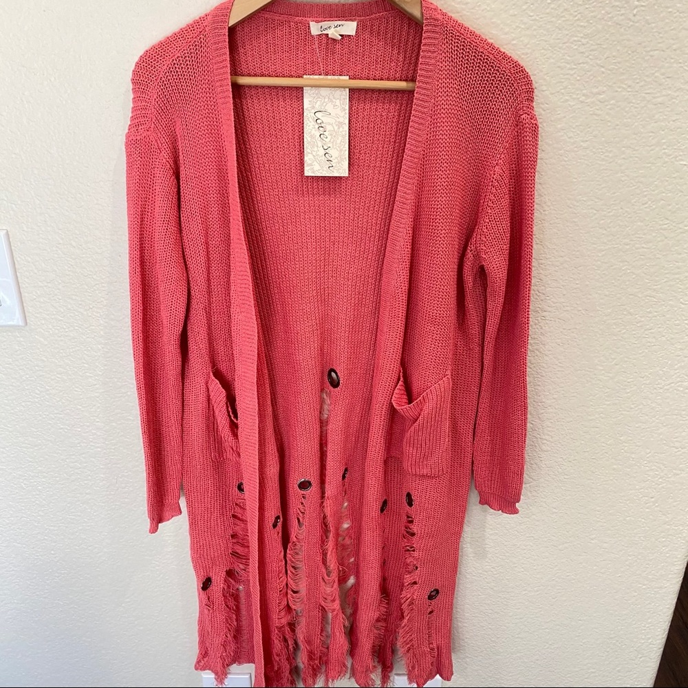 Love sen distressed long knitted cardigan